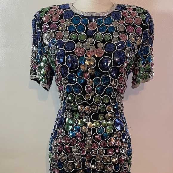 Vintage Nite Line Silk Sequins Short Sleeve Dress Women's Size 8 - Picture 4 of 5